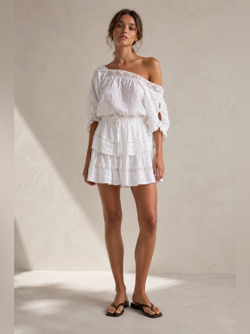LoveShackFancy Dorothy White Eyelet Lace Wide Neck or Off Shoulder Mini Dress XS